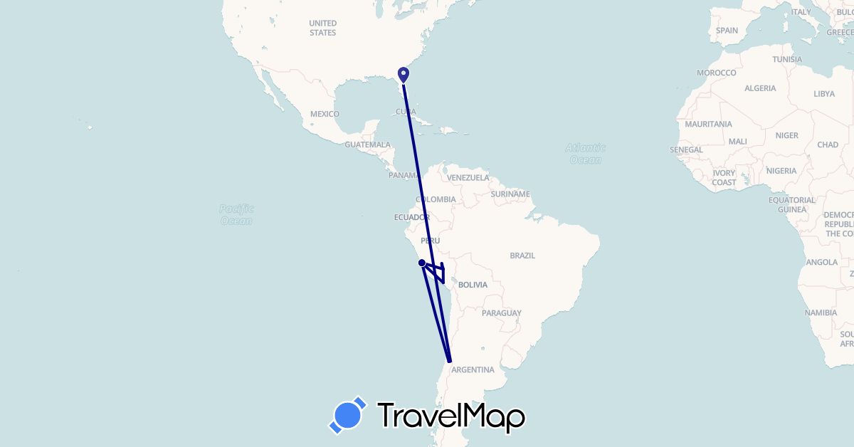 TravelMap itinerary: driving in Chile, Peru, United States (North America, South America)